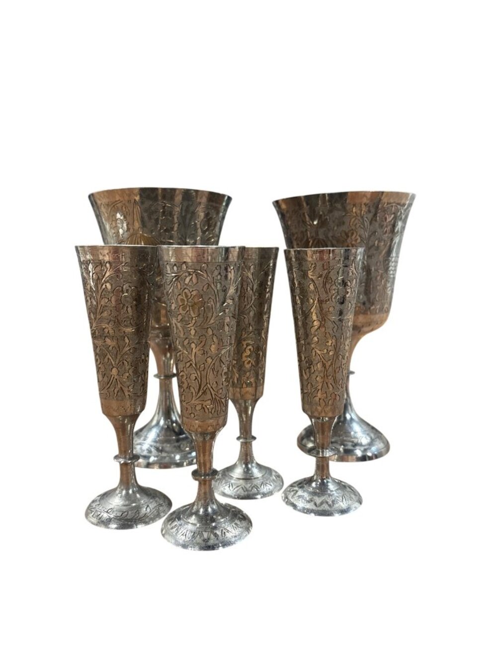 Set Of 6 Vintage Engraved Silver Plated Goblets Drinks and Shots Etched Design